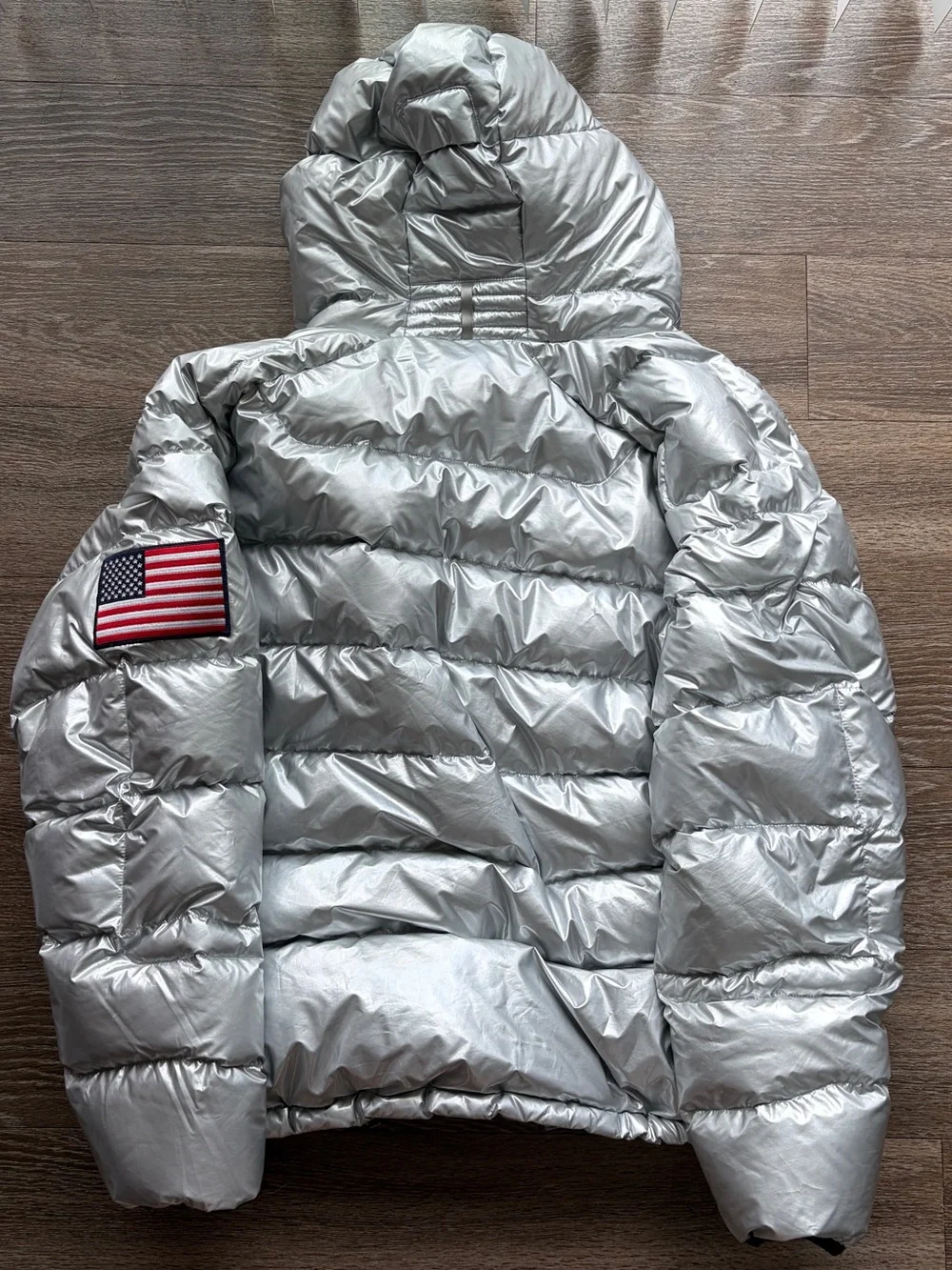 Polo by Ralph Lauren Heated Puffer Silver Quilted Jacket with Navy Trim